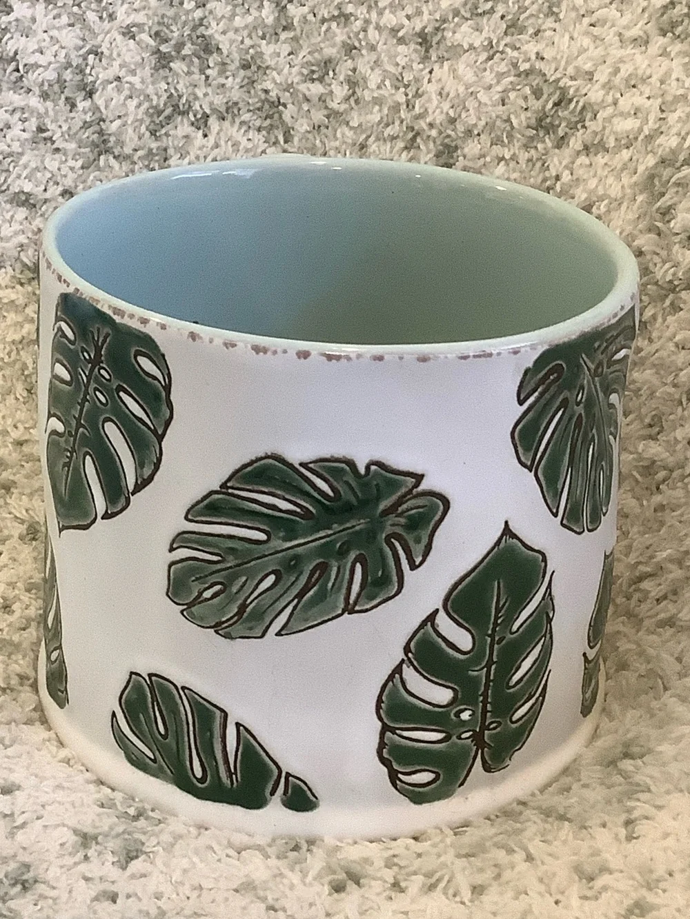 White Tropical Ceramic Mug with Green Monstera Leaf  RS 16oz.